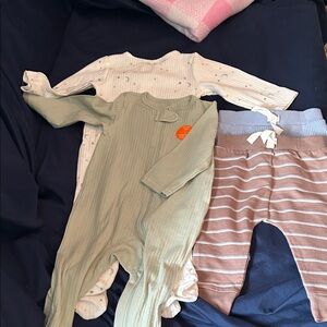 Stars & Moons/Green 9 mo. One Piece Sets AND 9 mo. Pants Waffle & Stripes Bundle